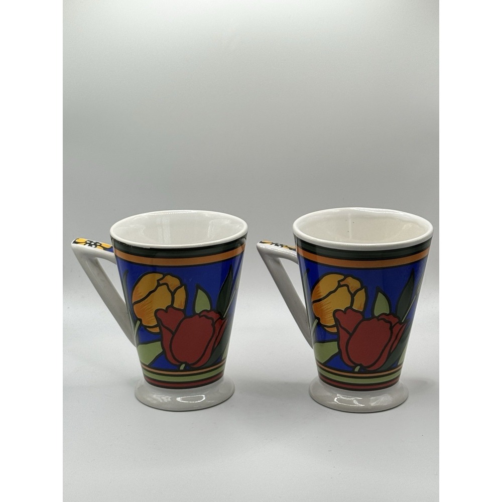 2 Coffee Mugs Tea Cups‎ Tulip Floral Art Deco Design Porcelain Set WCL